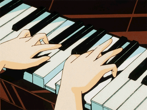 Animated close-up scene of a girl's hands playing a grand piano.